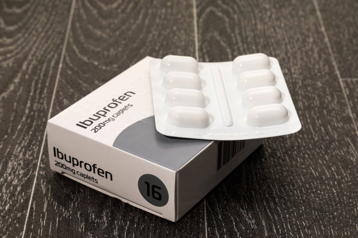 Retail packet of Ibuprofen tablets - white background