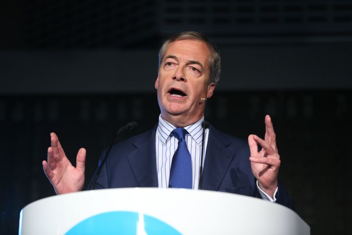 Leader of the Brexit Party Nigel Farage speaks during a Brexit Party event at the QEII Centre in London.