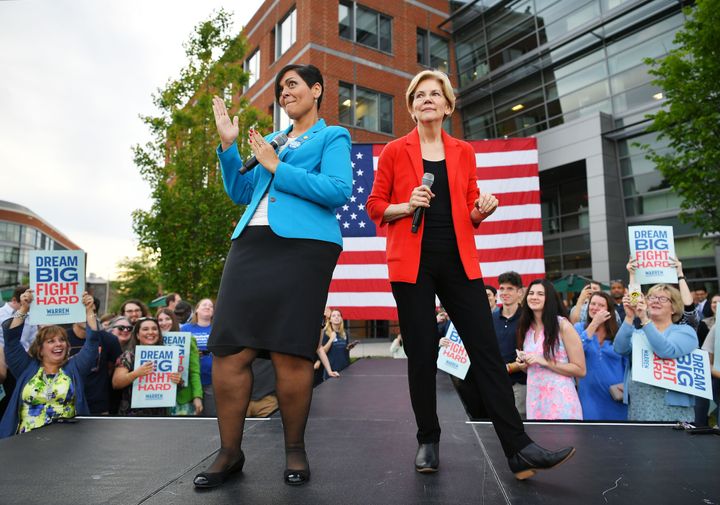 Presidential candidate Elizabeth Warren shares the stage with Virginia Del. Hala Ayala at George Mason University in May. In 2017, Ayala ousted Republican incumbent Rich Anderson. The two have a rematch in 2019.