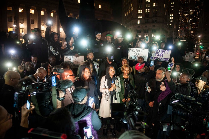 Tamika Mallory, center, speaks during a National Day of Outrage protest in Foley Square.