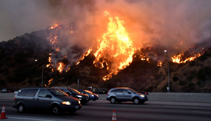 The Getty fire burns along Interstate 405 north of Los Angeles on Monday.