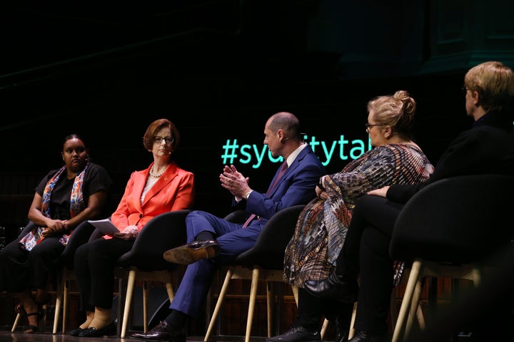Jennah Dungay, Julia Gillard, Martin Cohen, Magda Szubanski and Julie Millard take part in a panel discussion during the City of Sydney CityTalks event at Sydney Town Hall.