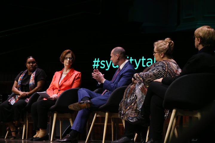 Jennah Dungay, Julia Gillard, Martin Cohen, Magda Szubanski and Julie Millard take part in a panel discussion during the City of Sydney CityTalks event at Sydney Town Hall. 