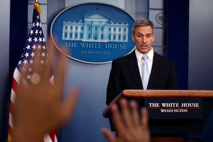 Acting Director of United States Citizenship and Immigration Services Ken Cuccinelli, speaks during a briefing at the White House, Monday, Aug. 12, 2019, in Washington.