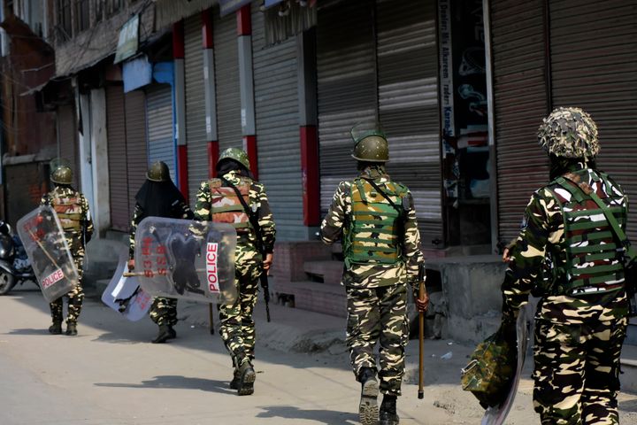 Indian forces patrol the streets in old city, Srinagar.