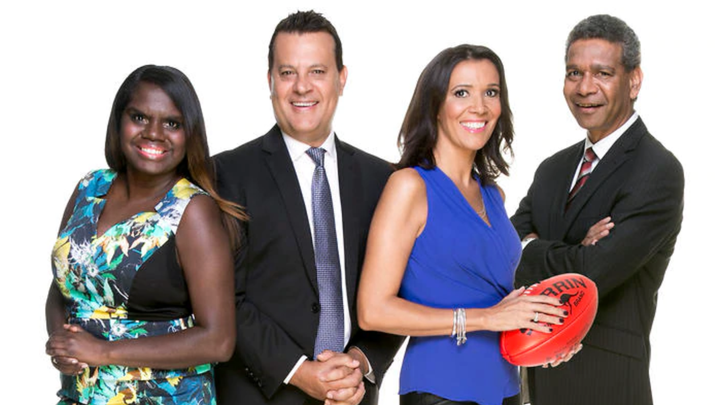 The Marngrook Footy Show cast (L to R): Leila Gurruwiwi, Grant Hansen, Shelley Ware and Gilbert McAdam.