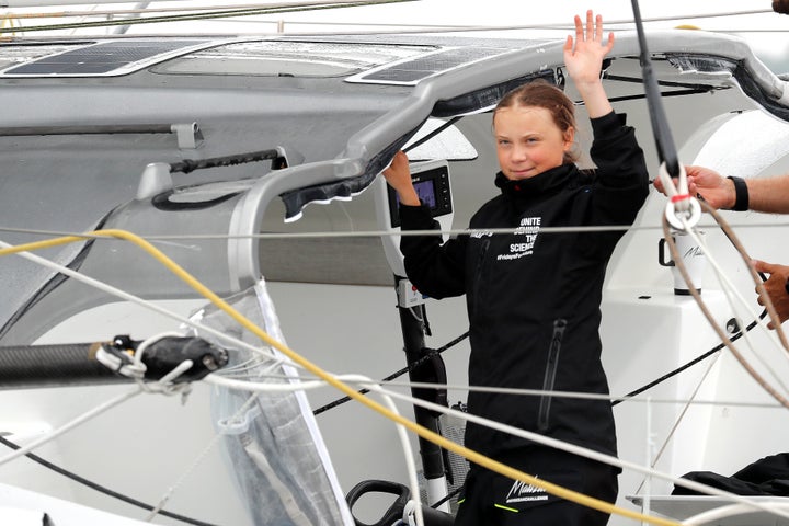 Swedish 16-year-old activist Greta Thunberg on the Malizia II racing yacht in New York Harbor as she neared the completion of her trans-Atlantic crossing to attend a United Nations summit on climate change in New York in August.