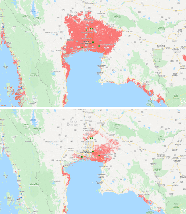 The amount of flooding that Climate Central expects Bangkok to experience by 2050 (top), compared to what was previously forecast (bottom).