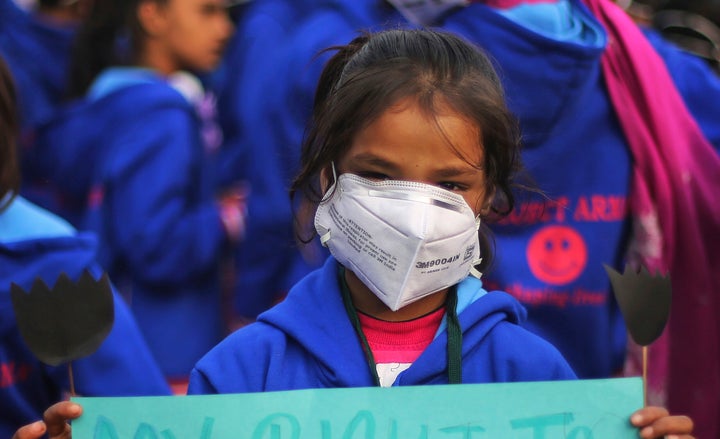 File photo of a schoolgirl with a mask to fight pollution and participate in a demonstration to demand clean air in New Delhi, India, 