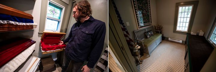 Left: Brian Martin shows the various caskets available for animals at Hartsdale Pet Cemetery. Right: A viewing room for families to mourn their pets.