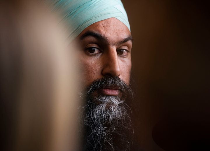 NDP leader Jagmeet Singh listens to a question as he holds a press conference following a meeting with his caucus in Ottawa on Oct. 30, 2019. 