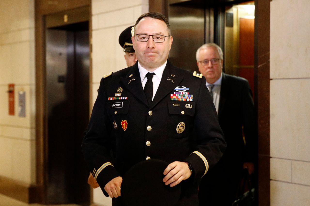 Army Lt. Col. Alexander Vindman, an expert on Ukraine for the National Security Council, arrives for an appearance before members of the House Foreign Affairs, Intelligence and Oversight committees on Oct. 29.
