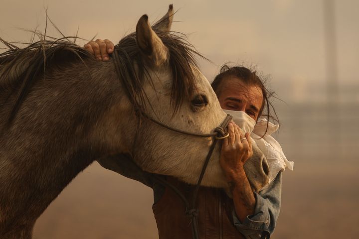 Fabio Losurdo comforts his horse, Smarty, at a ranch in Simi Valley, Calif., on Oct. 30, 2019. A brush fire broke out just before dawn in the Simi Valley area north of Los Angeles.