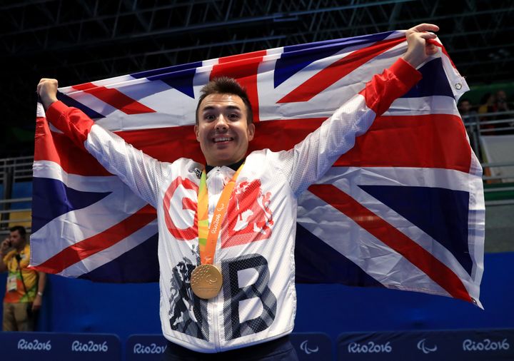 Great Britain's Will Bayley celebrates with the Gold Medal after winning the Class 7 Mens Singles Table Tennis Gold Medal Match, during the fifth day of the 2016 Rio Paralympic Games in Rio de Janeiro, Brazil.