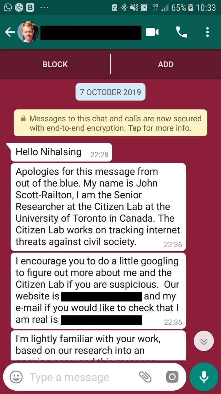 Screenshot of message received by Nihalsingh Rathod.