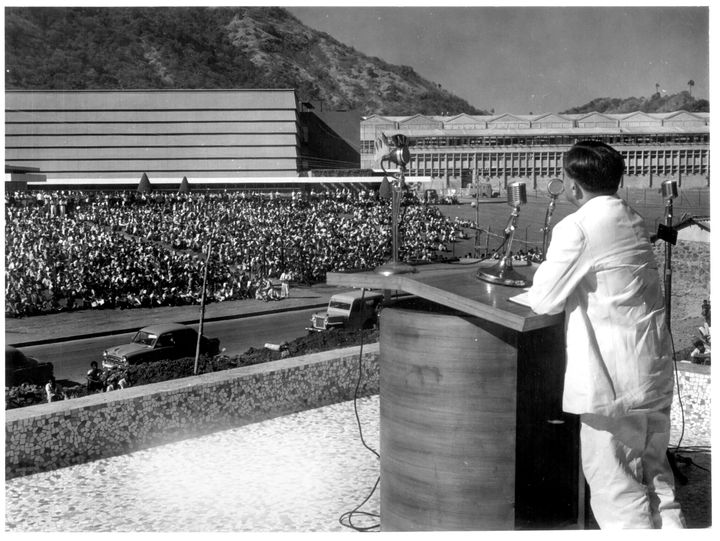Vikram Sarabhai, the newly appointed Chairman of the Atomic Energy Commission, addressing employees of the Atomic Energy Establishment, gathered to condole the death of Homi Bhabha, who was killed in an air crash on Mount Blanc on 24 January 1966.