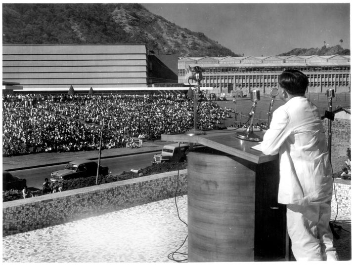 Vikram Sarabhai, the newly appointed Chairman of the Atomic Energy Commission, addressing employees of the Atomic Energy Establishment, gathered to condole the death of Homi Bhabha, who was killed in an air crash on Mount Blanc on 24 January 1966.