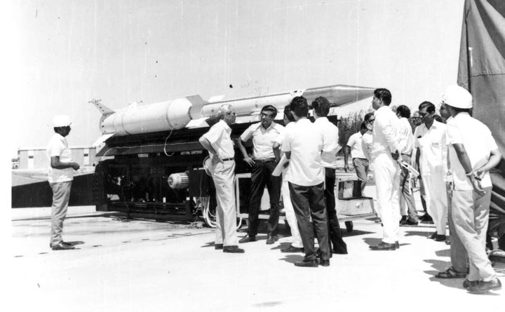 ISRO's biggest sounding rocket, RH-560, on the launcher in SHAR. The two persons standing akimbo are Satish Dhawan (left) and YJ Rao. 