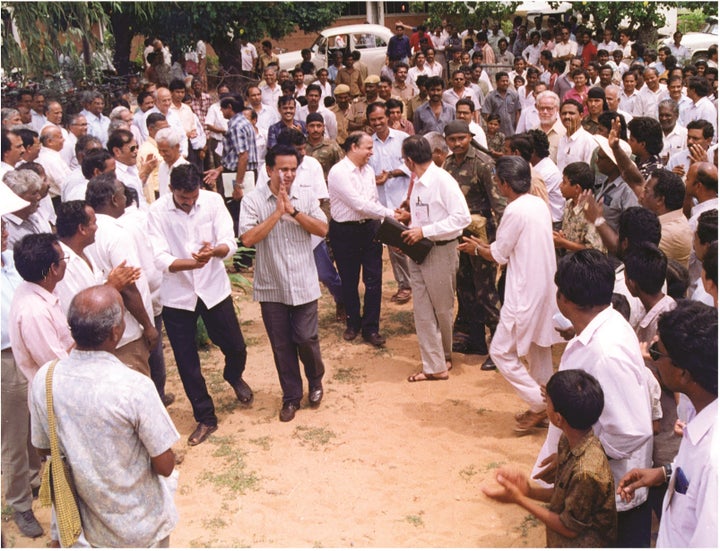 Celebrating the first successful launch of PSLV. Project Director G Madhavan Nair acknowledging greetings from colleagues.