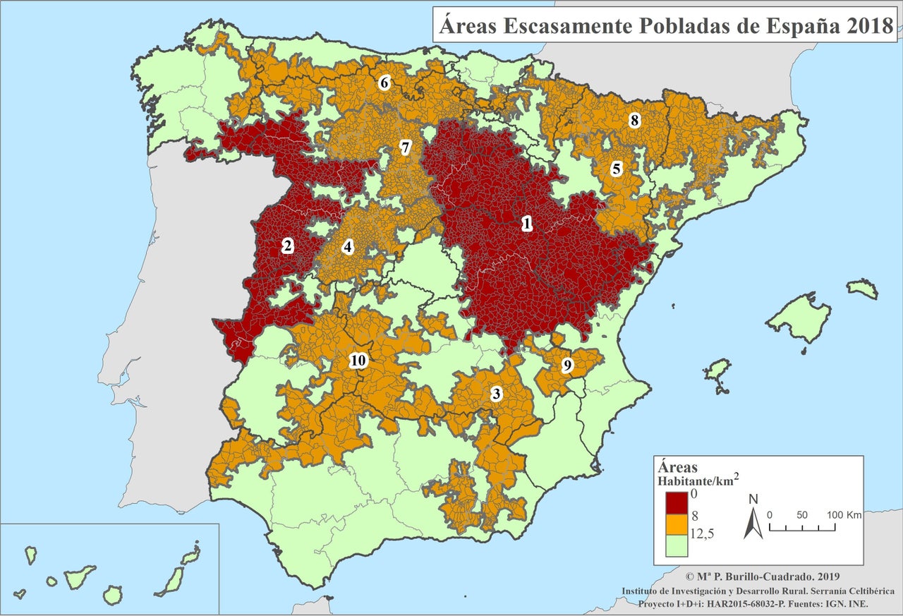 Mapa de las zonas despobladas de España.
