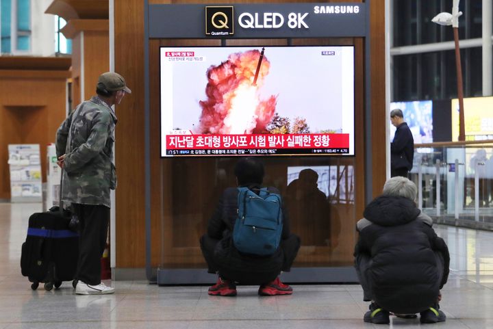 People watch a TV showing a file image of an unspecified North Korea's missile launch during a news program at the Seoul Railway Station in Seoul, South Korea, Thursday, Oct. 31, 2019. 
