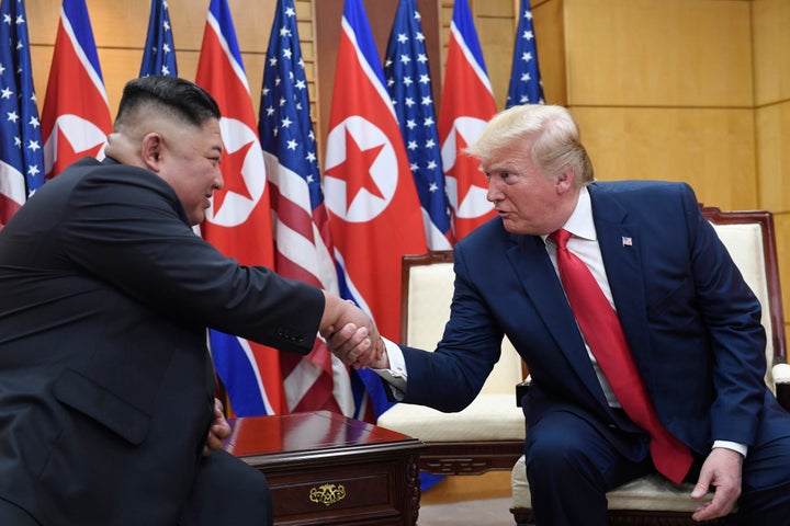 FILE - In this June 30, 2019, file photo, U.S. President Donald Trump, right, meets with North Korean leader Kim Jong Un at the border village of Panmunjom in the Demilitarized Zone, South Korea.