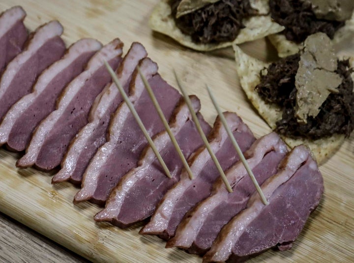 This July 18, 2019 photo shows samples of foie gras from ducks farmed at Hudson Valley Foie Gras duck farm in Ferndale, N.Y.&