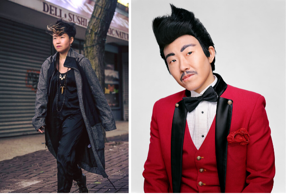 Out of drag (left), Dr. Wang Newton in drag (right).