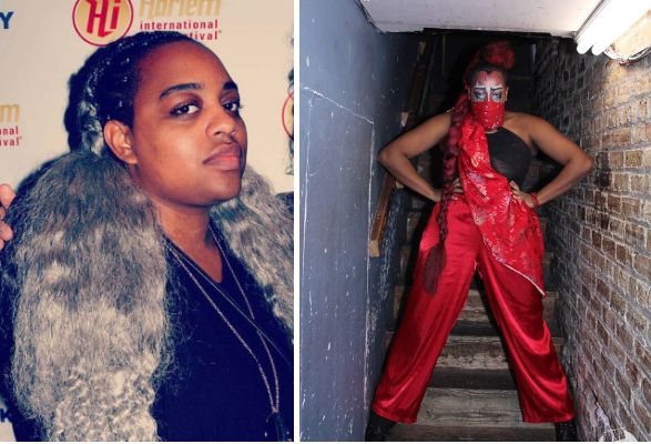 Cassandra Kendall out of drag (left), Lúc Ami in drag (right).