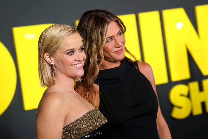 Reese Witherspoon and Jennifer Aniston attend Apple's global premiere of "The Morning Show" on October 28, 2019 in New York C