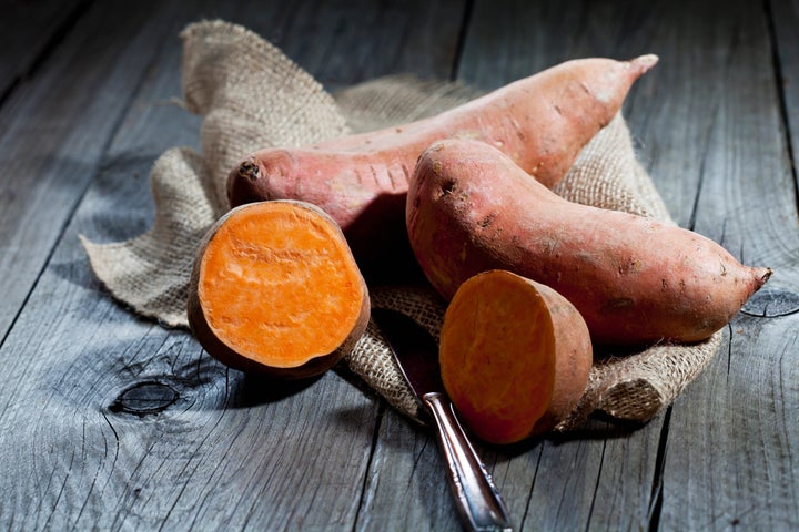 Sweet potatoes can be purple, orange, yellow and brown on the outside, and white, yellow, orange and red on the inside. Sweet potatoes can also be white, but they are not related to regular white potatoes.