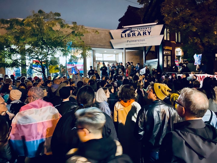 Scene from the protest of Meghan Murphy at the Palmerston branch of Toronto Public Library.