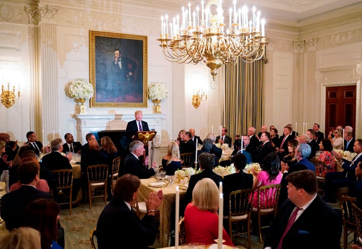 President Donald Trump speaks at an event honoring evangelical leadership in the State Dining Room of the White House on August 27, 2018, in Washington, D.C.