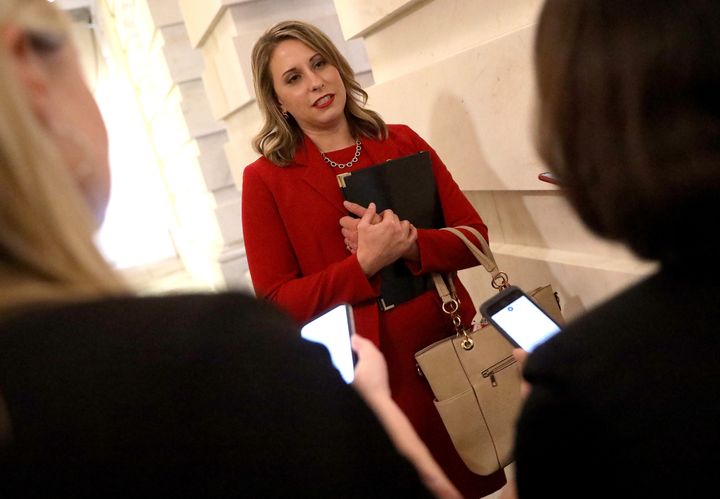 Rep. Katie Hill (D-Calif.) answers questions from reporters following her final speech on the floor of the House of Representatives.
