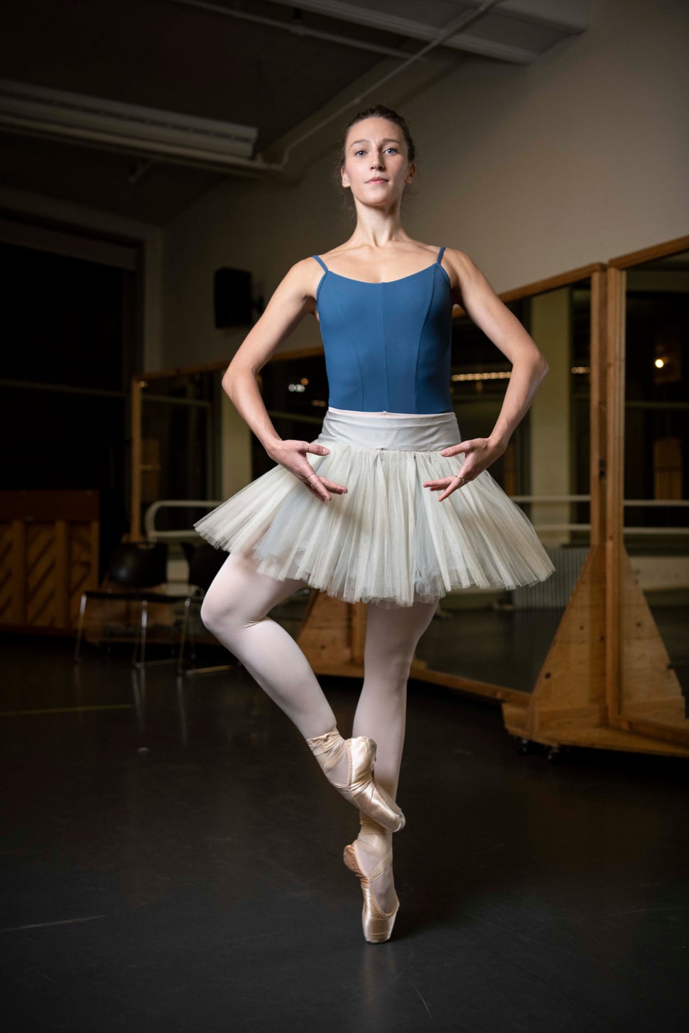 Teuscher poses in her Keto leotard, Capezio pink tights, Bloch Alpha pointe shoes and a practice tutu that was handed down to her by fellow principal Gillian Murphy.