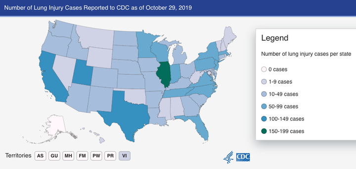The state with the highest number of lung injuries is Illinois, which has reported 150-199 cases, according to the CDC.