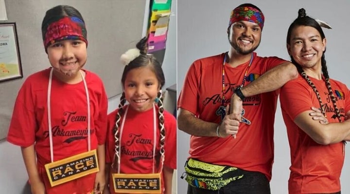 Tenecia Cardinal, 12, and Willow Cardinal, 9, dressed as Anthony Johnson and James Makokis (right), the winners of this year's "The Amazing Race Canada."