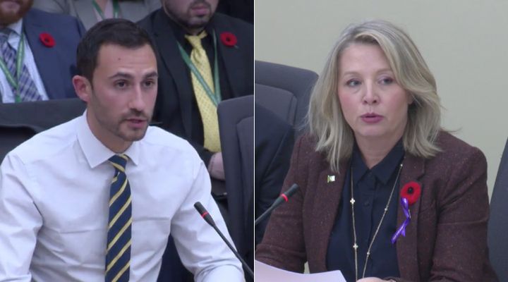 Ontario Minister Stephen Lecce and NDP MPP Marit Stiles speak at a committee at Queen's Park on Oct. 30, 2019.