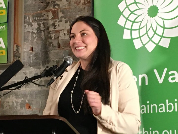 Jenica Atwin, the new Green MP in Fredericton, celebrates her election night win at her victory party in Fredericton on Oct. 21, 2019.