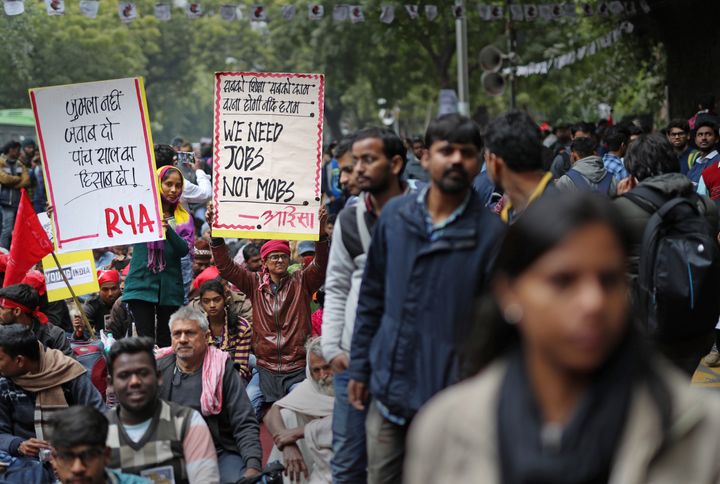 Indian students from various student organizations participate in a protest rally in New Delhi, India, Thursday, Feb. 7, 2019.