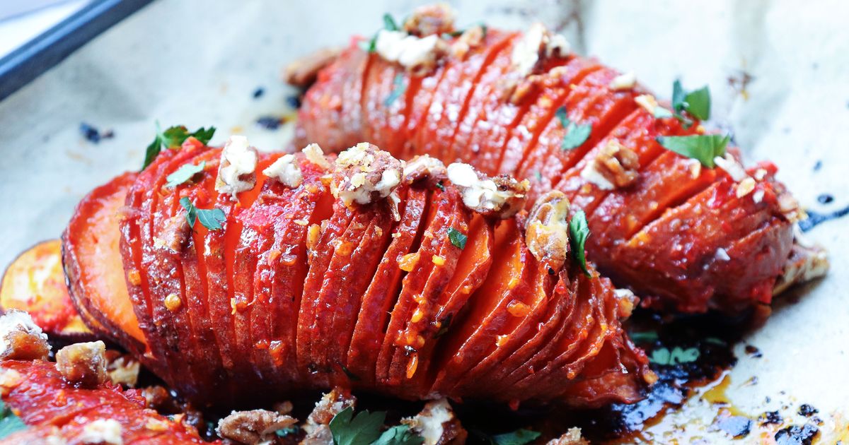 Maple Harissa Hasselback Sweet Potatoes With Candied Pecans