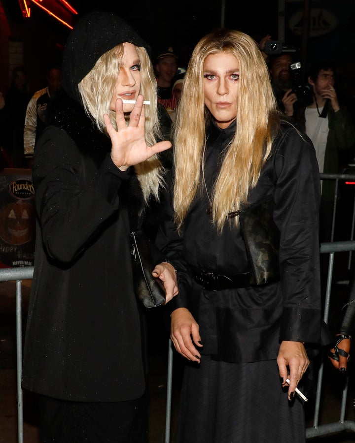 Neil Patrick Harris (left) and his husband, David Burtka, dressed up as the Olsen twins for Heidi Klum's Halloween party in New York.