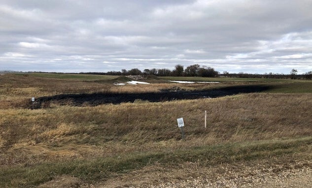 Oil spilled from a section of the Keystone pipeline is seen in Walsh County, North Dakota, Oct. 30, 2019.