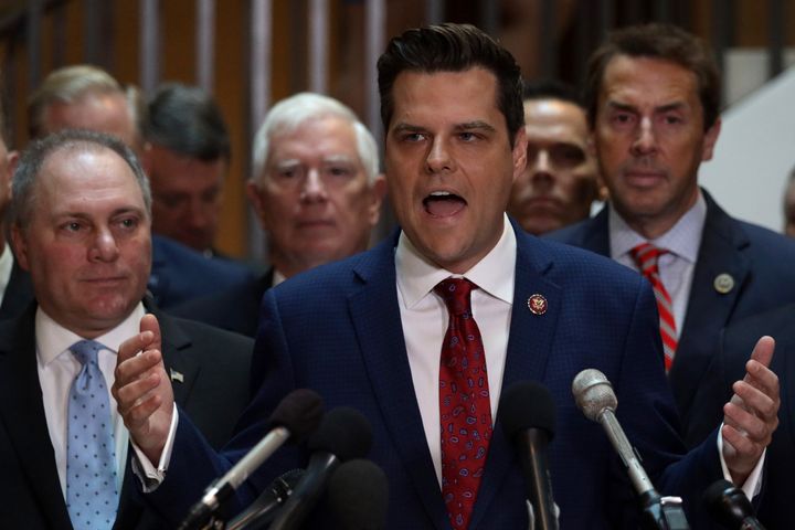 Rep. Matt Gaetz (R-Fla.) and other House Republicans disrupt closed impeachment proceedings on Oct. 23.