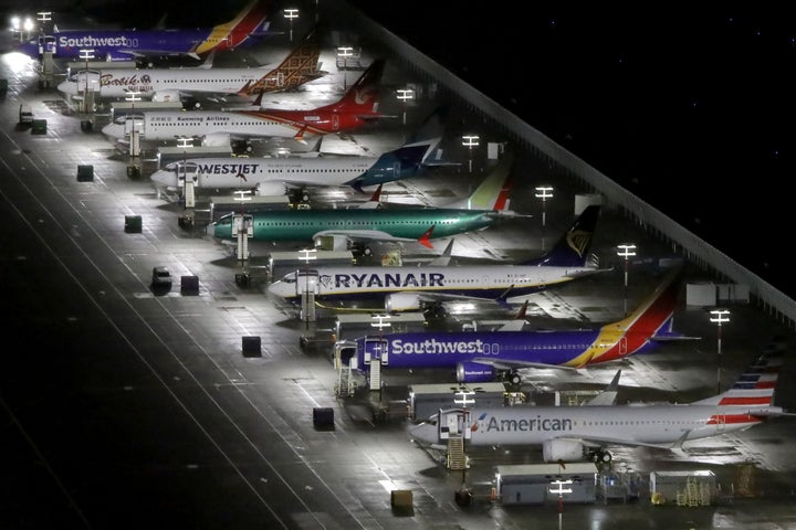 An aerial photo showing Boeing 737 Max airplanes parked at Boeing Field in Seattle, Wash. on Oct. 20, 2019.