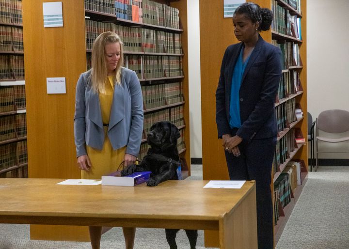 Hatty's primary handler and victim witness specialist Stephanie Coehlo, left, holds the black lab as Hatty is sworn in by Cook County State's Attorney Kimberly Foxx at the George N Leighton Criminal Courthouse in Chicago's Little Village neighborhood on Oct. 29, 2019. 