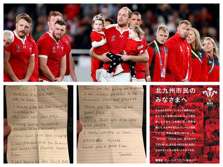 ラグビーワールドカップ3位決定戦で破れたウェールズ代表（上）、日本人のファンから寄せられた手紙（左下、中下）、ウェールズラグビー協会が掲載した全面広告のメッセージ