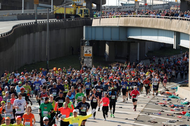 General view of race participants in action during the marathon.