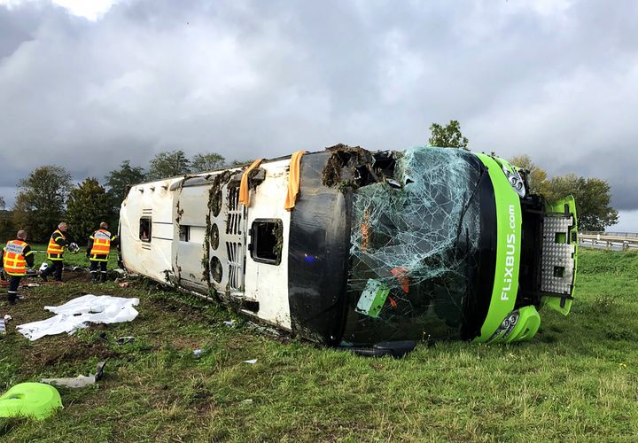 Emergency services are at work on the site of an accident after a bus from the Flixbus company overturned.
