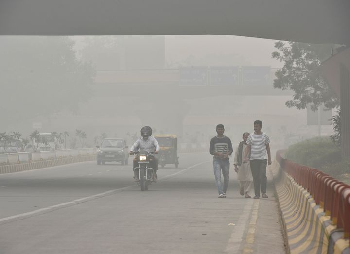 A view of dense haze, smoke and low visibility near AIIMS, as the air quality further dips to the hazardous 'severe plus' category, on November 3, 2019 in New Delhi.